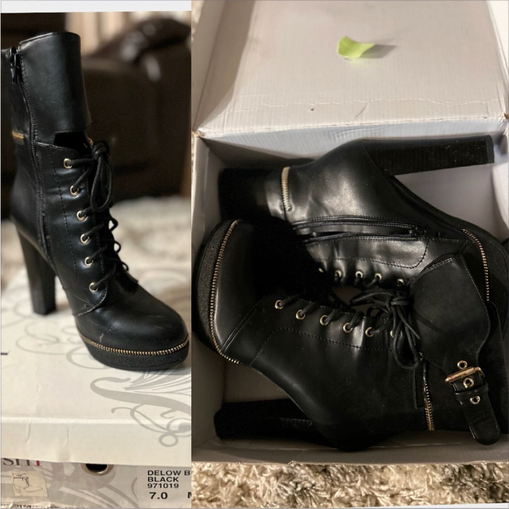 Black Lace-Up Heeled Boots